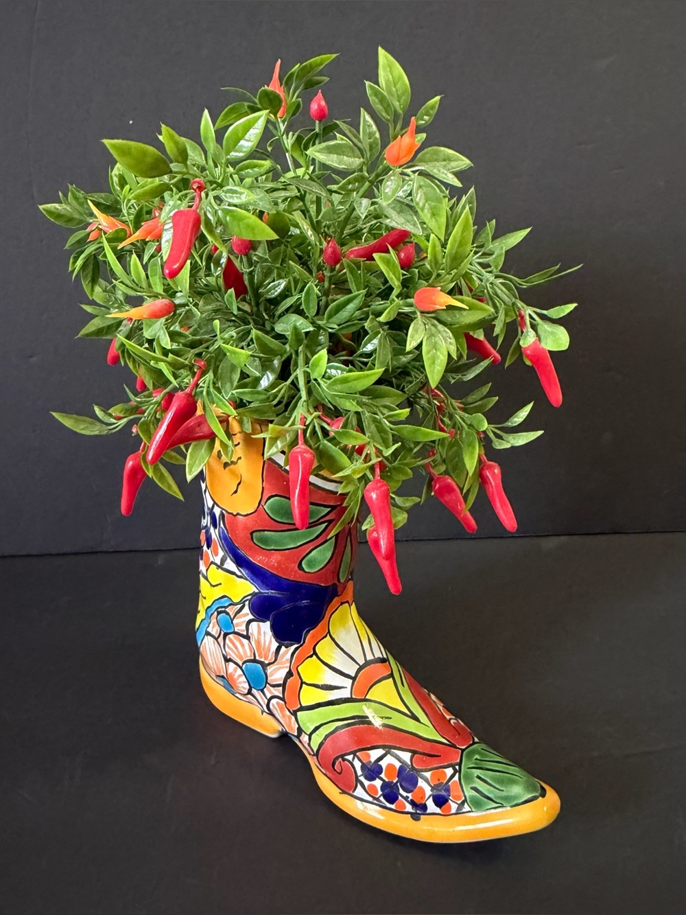 Talavera Cowboy Boot Planter Chili Peppers Home Decor Folk Art Mexican Pottery
